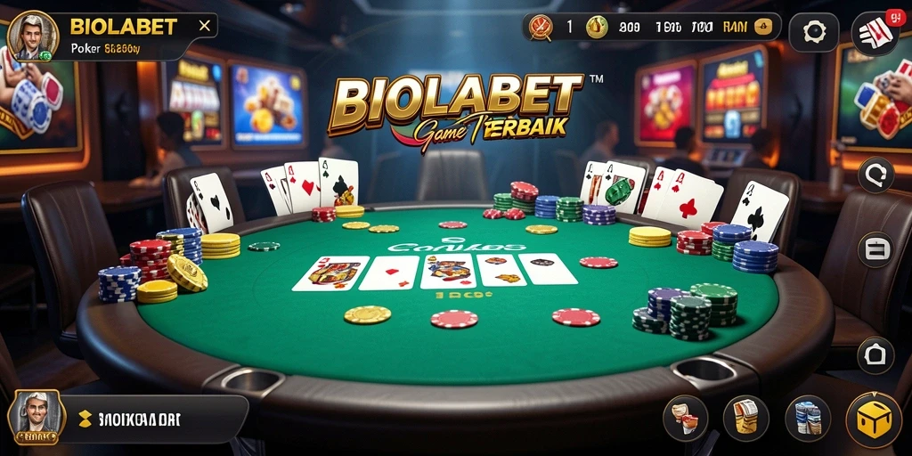Screenshot utama BIOLABET menampilkan pemain poker yang antusias di meja permainan.